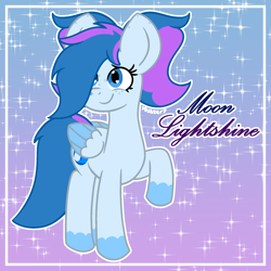 Size: 2064x2064 | Tagged: safe, artist:yoshter7, oc, oc only, oc:moon lightshine, pegasus, pony, abstract background, big ears, blue eyes, blue mane, blue pony, colored, colored wings, folded wings, frame, gradient background, heart, heart eyes, high res, lunar tails, outline, pegasus oc, raised hoof, signature, smiling, sparkles, two toned wings, unshorn fetlocks, white outline, wingding eyes, wings