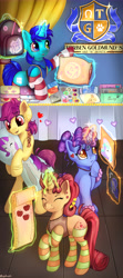 Size: 4724x10630 | Tagged: safe, artist:appleneedle, oc, oc:windows, earth pony, pony, unicorn, blanket, body pillow, clothes, digital art, magic, market, pillow, prints, selling, shop, shopping, socks, stall, stockings, striped socks, thigh highs