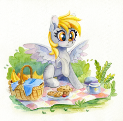 Size: 1213x1200 | Tagged: safe, artist:maytee, derpy hooves, pegasus, pony, g4, autumn, autumn leaves, banana, basket, cookie, cottagecore, cute, derpabetes, featured image, female, food, frown, herbivore, leaf, leaves, mare, muffin, mug, outdoors, picnic, picnic basket, picnic blanket, raised hoof, simple background, sitting, solo, spread wings, surprised, sweet dreams fuel, traditional art, watercolor painting, white background, wings