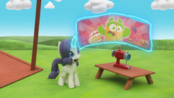 Size: 1280x720 | Tagged: safe, rarity, g4.5, my little pony: stop motion short, banner, cloud, happy, magic, magic aura, sewing machine, stop motion, table