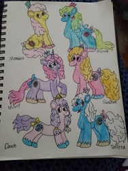 Size: 4032x3024 | Tagged: safe, artist:mintwhistle, princess dawn, princess misty, princess moondust, princess pristina, princess sunbeam, princess taffeta, earth pony, pegasus, pony, unicorn, g1, bow, colored hooves, crayon drawing, crown, description is relevant, female, flower, flower in hair, frown, group, hair tie, jewelry, looking back, looking up, mare, open mouth, open smile, pigtails, princess, princess ponies, raised hoof, redesign, regalia, royalty, sextet, sketchbook, smiling, tail, tail bow, traditional art, unshorn fetlocks