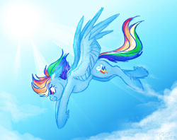 Size: 1280x1013 | Tagged: safe, artist:tres-art, rainbow dash, pegasus, pony, g4, cloud, concave belly, ear fluff, female, flying, leg fluff, mare, signature, sky, smiling, smirk, solo, spread wings, sun, windswept mane, wings