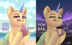 Size: 4800x3000 | Tagged: safe, artist:rivin177, alicorn, pegasus, pony, unicorn, beach, cloud, coffee cup, commission, cup, fence, food, hill, hooves, horizon, horn, ice cream, looking at you, night, one eye closed, raised hoof, sand, scenery, sparkles, sunny day, tongue out, wings, wink, your character here