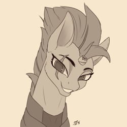 Size: 2160x2160 | Tagged: safe, artist:tenebrisnoctus, fizzlepop berrytwist, tempest shadow, pony, unicorn, g4, broken horn, bust, eye scar, facial scar, female, grin, high res, horn, lidded eyes, looking at you, mare, monochrome, portrait, scar, signature, simple background, smiling, solo, sternocleidomastoid