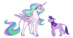 Size: 1024x539 | Tagged: safe, artist:t0byinthesky, princess celestia, twilight sparkle, alicorn, pony, unicorn, g4, duo, female, first meeting, floppy ears, leonine tail, looking at each other, looking at someone, mare, nervous, signature, simple background, tail, transparent background, unicorn twilight