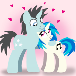 Size: 1400x1400 | Tagged: safe, artist:mlplary6, dj pon-3, neon lights, rising star, vinyl scratch, pony, unicorn, g4, boyfriend and girlfriend, duo, female, heart, lineless, looking at each other, looking at someone, love, male, mare, ship:vinylights, shipping, smiling, smiling at each other, stallion, straight