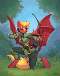 Size: 2800x3500 | Tagged: safe, artist:asimos, oc, oc only, oc:sly sunder, bat pony, anthro, unguligrade anthro, aiming, armor, bat wings, bow (weapon), fangs, fantasy, female, forest, high res, kneeling, one eye closed, outdoors, quiver, signature, solo, spread wings, wings