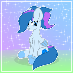 Size: 2232x2232 | Tagged: safe, artist:yoshter7, oc, oc only, oc:moon lightshine, pegasus, pony, abstract background, angered, angry, big ears, blue eyes, blue mane, blue pony, chest fluff, colored, colored wings, female, folded wings, frame, gradient background, heart, heart eyes, high res, lunar tails, mare, outline, pegasus oc, signature, sitting, sparkles, two toned wings, unamused, white outline, wingding eyes, wings