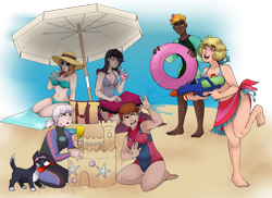 Size: 1990x1450 | Tagged: safe, artist:toxiccolour, arizona (tfh), oleander (tfh), paprika (tfh), pom (tfh), tianhuo (tfh), velvet (tfh), dog, human, starfish, them's fightin' herds, alternate hairstyle, bag, bandana, barefoot, beach, beach umbrella, bikini, bikini bottom, bikini top, book, breasts, clothes, commission, community related, dark skin, drink, drinking straw, feet, female, fightin' six, floaty, gritted teeth, hat, humanized, kneeling, mouth hold, nail polish, ocean, one-piece swimsuit, open mouth, pool toy, sand, sandals, sandcastle, shell, skirt, spade, summer, sun hat, sunglasses, sunglasses on head, swimsuit, teeth, towel, water, watergun, wetsuit
