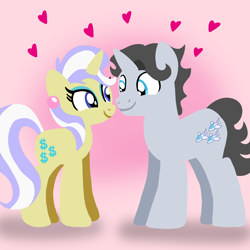 Size: 1400x1400 | Tagged: safe, artist:mlplary6, jet set, upper crust, pony, unicorn, g4, crustabetes, diajetes, female, heart, husband and wife, looking at each other, looking at someone, love, male, mare, shipping, smiling, smiling at each other, stallion, straight, upperset