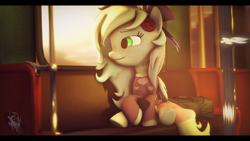 Size: 1920x1080 | Tagged: safe, artist:dashamoone, oc, oc only, oc:blazey sketch, pegasus, pony, 3d, 3d model, bow, clothes, green eyes, grey fur, hair bow, headphones, listening to music, looking out the window, multicolored hair, music, peaceful, pegasus oc, sitting, smiling, solo, source filmmaker, sweater, train
