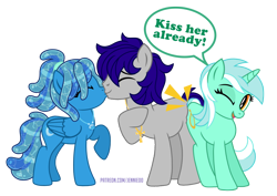 Size: 1000x709 | Tagged: safe, artist:jennieoo, lyra heartstrings, oc, oc:maverick, oc:ocean soul, earth pony, pegasus, pony, unicorn, g4, butt bump, couple, eyes closed, female, folded wings, kiss on the lips, kissing, male, mare, oc x oc, one eye closed, shipping, show accurate, simple background, smiling, soulverick, stallion, story, story included, transparent background, vector, water mane, wings, wink