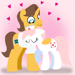 Size: 1400x1400 | Tagged: safe, artist:mlplary6, doctor horse, doctor stable, nurse redheart, earth pony, pony, unicorn, g4, boyfriend and girlfriend, clothes, eyes closed, female, hat, heart, love, male, mare, nurse hat, shipping, smiling, stableheart, stallion, straight