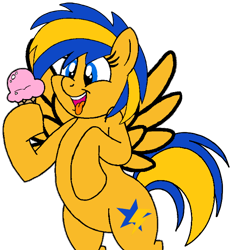 Size: 564x608 | Tagged: safe, artist:noi kincade, oc, oc only, oc:flare spark, pegasus, pony, bipedal, female, food, hoof hold, ice cream, ice cream cone, imminent nom, looking at something, no neck, round belly, simple background, solo, spread wings, strawberry, transparent background, wings