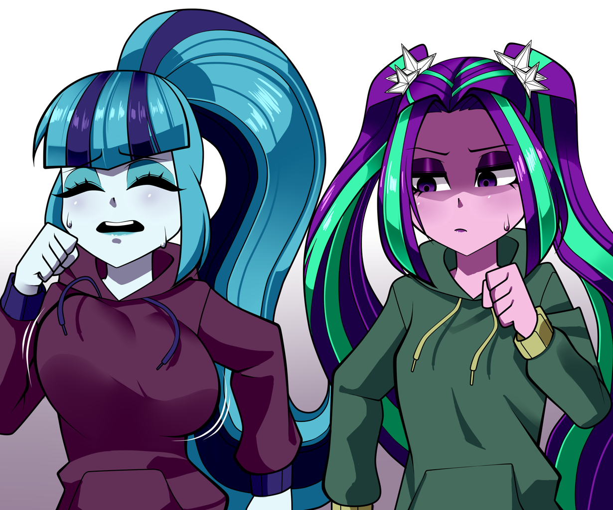 [bouncing,breasts,clothes,equestria girls,exercise,human,pigtails,ponytail,running,safe,sweat,sweatdrops,sweater,breast envy,artist:nekojackun,sonata dusk,aria blaze,bouncing breasts]