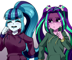 Size: 2500x2082 | Tagged: safe, artist:nekojackun, aria blaze, sonata dusk, human, equestria girls, g4, bouncing, bouncing breasts, breast envy, breasts, clothes, duo, duo female, exercise, eyes closed, female, high res, hoodie, open mouth, pigtails, ponytail, running, sweat, sweatdrops, sweater