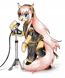 Size: 2198x2638 | Tagged: safe, artist:40kponyguy, derpibooru exclusive, earth pony, pony, anime, bipedal, clothes, ear fluff, female, high res, looking at you, mare, megurine luka, microphone, ponified, side slit, simple background, skirt, solo, total sideslit, traditional art, vocaloid, zettai ryouiki