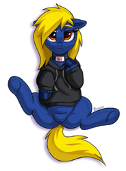 Size: 1471x2000 | Tagged: safe, artist:zendora, oc, oc only, oc:naveen numbers, pony, choker, clothes, featureless crotch, hoodie, simple background, solo, underhoof, unshorn fetlocks, white background