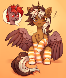 Size: 2688x3187 | Tagged: safe, artist:konejo, oc, oc only, oc:hardy, oc:wrench ironbolt, alicorn, pony, unicorn, :p, blushing, chest fluff, clothes, duo, ear fluff, high res, male, sitting, socks, spread wings, stallion, striped socks, tongue out, wings