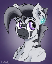 Size: 1956x2403 | Tagged: safe, artist:reddthebat, oc, oc only, oc:zerø, zebra, bust, chest fluff, ear piercing, earring, gradient background, jewelry, male, piercing, signature, smiling, solo, stallion, zebra oc