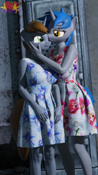 Size: 2160x3840 | Tagged: safe, artist:marianokun, oc, oc only, oc:homage, oc:littlepip, unicorn, anthro, fallout equestria, 3d, anthro oc, blender, blender eevee, clothes, cute, dress, duo, female, high res, kissing, lesbian, looking at each other, looking at someone, oc x oc, ship:pipmage, shipping