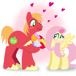 Size: 1400x1400 | Tagged: safe, artist:mlplary6, big macintosh, fluttershy, earth pony, pegasus, pony, g4, blushing, bouquet, bouquet of flowers, boyfriend and girlfriend, female, flower, heart, looking at each other, looking at someone, looking at you, love, male, mare, romantic, ship:fluttermac, shipping, smiling, smiling at each other, smiling at you, stallion, straight