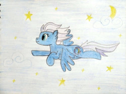 Size: 800x598 | Tagged: artist needed, source needed, safe, night glider, pegasus, pony, g4, cloud, female, flying, mare, side view, solo, spread wings, stars, traditional art, wings