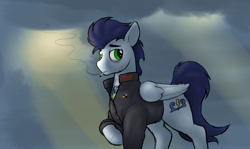 Size: 4886x2906 | Tagged: safe, artist:crazy water, fleetfoot, soarin', pegasus, pony, equestria at war mod, g4, alternate universe, cigarette, clothes, cloud, crepuscular rays, dog tags, implied death, male, scar, smoking, solo, stallion, uniform, weather, wonderbolts