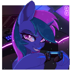 Size: 630x612 | Tagged: safe, alternate character, alternate version, artist:zakypo, oc, oc:flashpoint, pony, unicorn, commission, controller, female, pixel art, solo, ych result