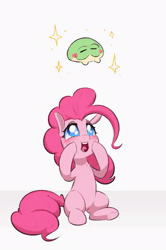 Size: 372x560 | Tagged: safe, artist:inkypuso, pinkie pie, earth pony, frog, pony, g4, animated, big eyes, blushing, cute, daaaaaaaaaaaw, diapinkes, eye shimmer, female, hoof on cheek, looking up, loop, mare, no sound, open mouth, open smile, simple background, sitting, smiling, solo, sparkles, webm, white background