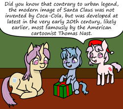 Size: 3600x3200 | Tagged: safe, artist:mannitenerisunt, derpibooru exclusive, oc, oc only, oc:blue pill, oc:placebo, oc:red pill, pony, unicorn, christmas, colt, female, filly, foal, gift art, hat, high res, holiday, horn, lying down, male, mare, mother and child, mother and daughter, mother and son, pony oc, present, santa hat, siblings, sitting, standing, trio, unicorn oc