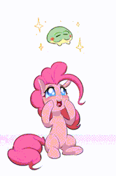 Size: 372x560 | Tagged: safe, alternate version, artist:inkypuso, pinkie pie, earth pony, frog, pony, g4, animated, big eyes, blushing, cute, diapinkes, eye shimmer, female, gif, hoof on cheek, looking up, loop, mare, open mouth, open smile, simple background, sitting, smiling, solo, sparkles, white background