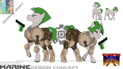 Size: 3685x2073 | Tagged: safe, artist:isaac_pony, artist:ragedox, pony, unicorn, armor, armored pony, concept, design, doom, equestria doom, female, game, green hair, gun, hand, handgun, high res, logo, magic, magic aura, magic hands, male, mare, marine, marines, mod, no armor, pistol, realistic, realistic horse legs, reference, reference sheet, simple background, stallion, transparent background, vector