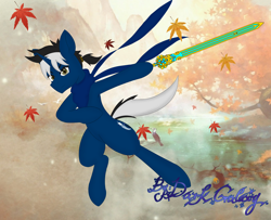 Size: 4200x3407 | Tagged: safe, artist:dark galaxy, oc, oc:dark galaxy, pony, unicorn, bipedal, horn, male, solo, sword, unicorn oc, weapon