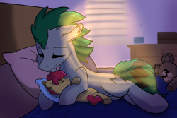 Size: 3000x2000 | Tagged: safe, artist:aurorafang, oc, oc only, oc:chessie, oc:miko, earth pony, pony, cuddling, cute, duo, father and child, father and daughter, female, filly, foal, high res, male, plushie, sleeping, teddy bear, weapons-grade cute