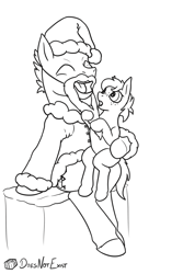 Size: 2000x3000 | Tagged: safe, artist:theandymac, oc, oc only, oc:chessie, oc:miko, earth pony, pony, christmas, clothes, costume, father and child, father and daughter, female, filly, foal, high res, holiday, laughing, male, monochrome, santa costume, simple background, sitting on lap, white background