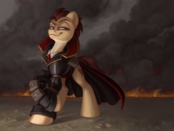 Size: 3604x2709 | Tagged: safe, artist:amishy, oc, oc only, earth pony, pony, clothes, coat, earth pony oc, fire, high collar, high res, looking back, male, necktie, smiling, smirk, smoke, solo, stallion