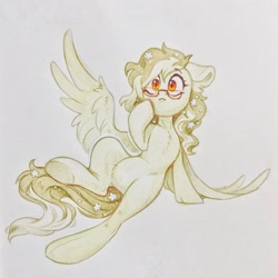 Size: 2560x2557 | Tagged: safe, artist:amishy, oc, oc only, pegasus, pony, :c, belly, chest fluff, female, floppy ears, flower, flower in hair, frown, glasses, high res, lying down, mare, on back, one wing out, solo, traditional art, underhoof, wings