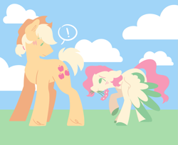 Size: 1329x1077 | Tagged: safe, artist:glowfangs, applejack, fluttershy, earth pony, pegasus, pony, g4, applejack (male), blushing, butterscotch, colored hooves, colored wings, colored wingtips, duo, duo male, exclamation point, floppy ears, flower, gay, lineless, male, mouth hold, rule 63, ship:appleshy, shipping, shy, stallion, wings, wings down