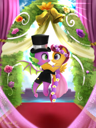 Size: 1800x2400 | Tagged: safe, artist:darksly, scootaloo, spike, dragon, pegasus, pony, a canterlot wedding, g4, clothes, dress, female, flower filly, flower girl, flower girl dress, hat, male, marriage, ship:scootaspike, shipping, straight, suit, top hat, tuxedo, wedding, wedding dress