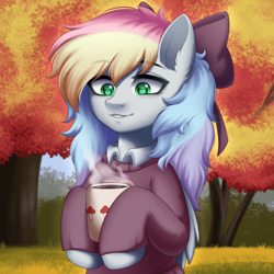 Size: 1920x1920 | Tagged: safe, artist:alunedoodle, oc, oc only, oc:blazey sketch, pegasus, pony, autumn, bow, chocolate, clothes, female, food, green eyes, grey fur, hair bow, hot chocolate, multicolored hair, outdoors, pegasus oc, smiling, solo, sweater, tree