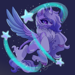 Size: 2000x2000 | Tagged: safe, artist:skyboundsiren, oc, oc only, oc:siren andromeda, alien, alien pony, chest fluff, female, flying, high res, signature, smiling, solo, spread wings, stars, unshorn fetlocks, wings