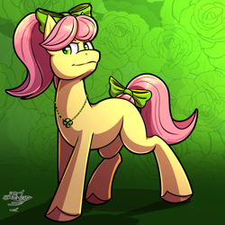 Size: 1000x1000 | Tagged: safe, artist:littletigressda, posey bloom, earth pony, pony, g5, bow, female, hair bow, jewelry, mare, necklace, smiling, solo, tail, tail bow