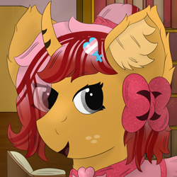 Size: 3000x3000 | Tagged: safe, artist:spiroudada, oc, oc only, oc:dolly hooves, pony, unicorn, book, bust, clothes, crossdressing, cute, dress, high res, library, pink, portrait, pride, pride flag, profile picture, smiling, solo, transgender oc, transgender pride flag