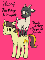 Size: 1800x2400 | Tagged: safe, artist:mannitenerisunt, derpibooru exclusive, oc, oc only, oc:golden trim, oc:immanuel, goat, pony, unicorn, birthday gift art, cloven hooves, cursive writing, duo, gift art, goat oc, horizontal pupils, horn, horns, looking at each other, looking at someone, looking back, male, pony oc, pun, rectangular pupil, riding, riding a pony, simple background, stallion, standing, tail, unicorn oc