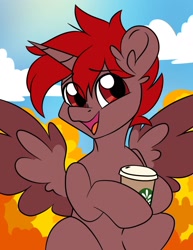 Size: 1690x2192 | Tagged: safe, artist:grelkastrelka, oc, oc only, oc:hardy, alicorn, pony, coffee cup, coffee mug, cup, ear fluff, looking at you, male, mug, open mouth, spread wings, stallion, wings