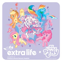 Size: 1200x1200 | Tagged: artist needed, safe, applejack, fluttershy, pinkie pie, rainbow dash, big cat, butterfly, earth pony, lion, pegasus, pony, g4, official, ajani goldmane, apple, balloon, chibi, cloud, controller, dice, extra life, female, food, grin, happy, magic the gathering, mare, merchandise, my little pony logo, one eye closed, purple background, rainbow, simple background, smiling, stars, sticker, wingless, wink