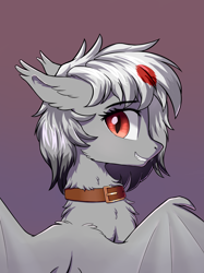 Size: 2749x3684 | Tagged: safe, artist:qwq2233, oc, oc only, oc:k4·df, bat pony, pony, collar, gradient background, high res, looking at you, neck fluff, slit pupils, smiling, solo, spread wings, wings