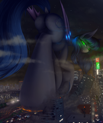 Size: 2500x3000 | Tagged: safe, artist:darky_wings, oc, oc only, oc:starlight classics, bat pony, pony, butt, car, city, commission, crushed, crushing, destruction, dock, female, fetish, giantess, glowing, glowing eyes, high res, hoofprints, looking back, looking down, macro, micro, night, plot, river, skyscraper, stomp, stomped, stomping, tail, tiny, tree, underhoof, vehicle, water