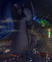Size: 2500x3000 | Tagged: safe, artist:darky_wings, oc, oc only, oc:starlight classics, bat pony, pony, butt, car, city, commission, crushed, crushing, death, destruction, dock, female, fetish, giantess, glowing, glowing eyes, high res, hoofprints, looking back, looking down, macro, micro, night, plot, river, skyscraper, stomp, stomped, stomping, tail, tiny, tree, underhoof, vehicle, water